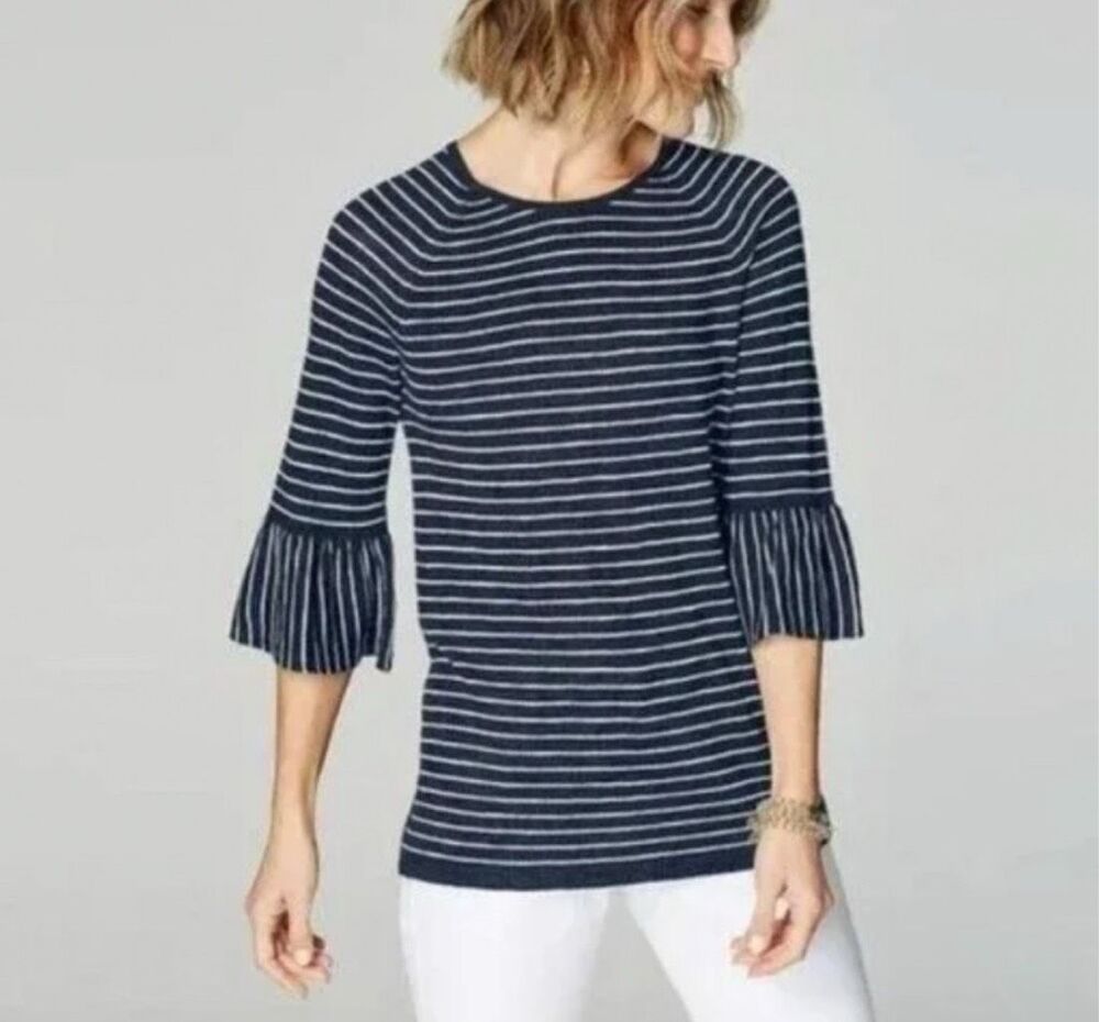 J.Jill $89 Linen Blend Striped Nautical Flounce Sleeve top Navy White Small NEW